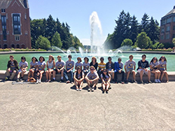 DawgBytes summer camp participants by Drumheller Fountain